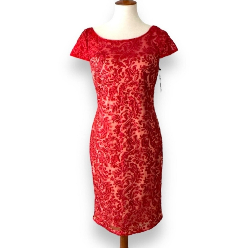 Calvin Klein Red Sequin Lace Midi Dress